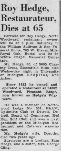 Hedges Wig Wam Restaurant - Roy Hedge Passes Away April 1955